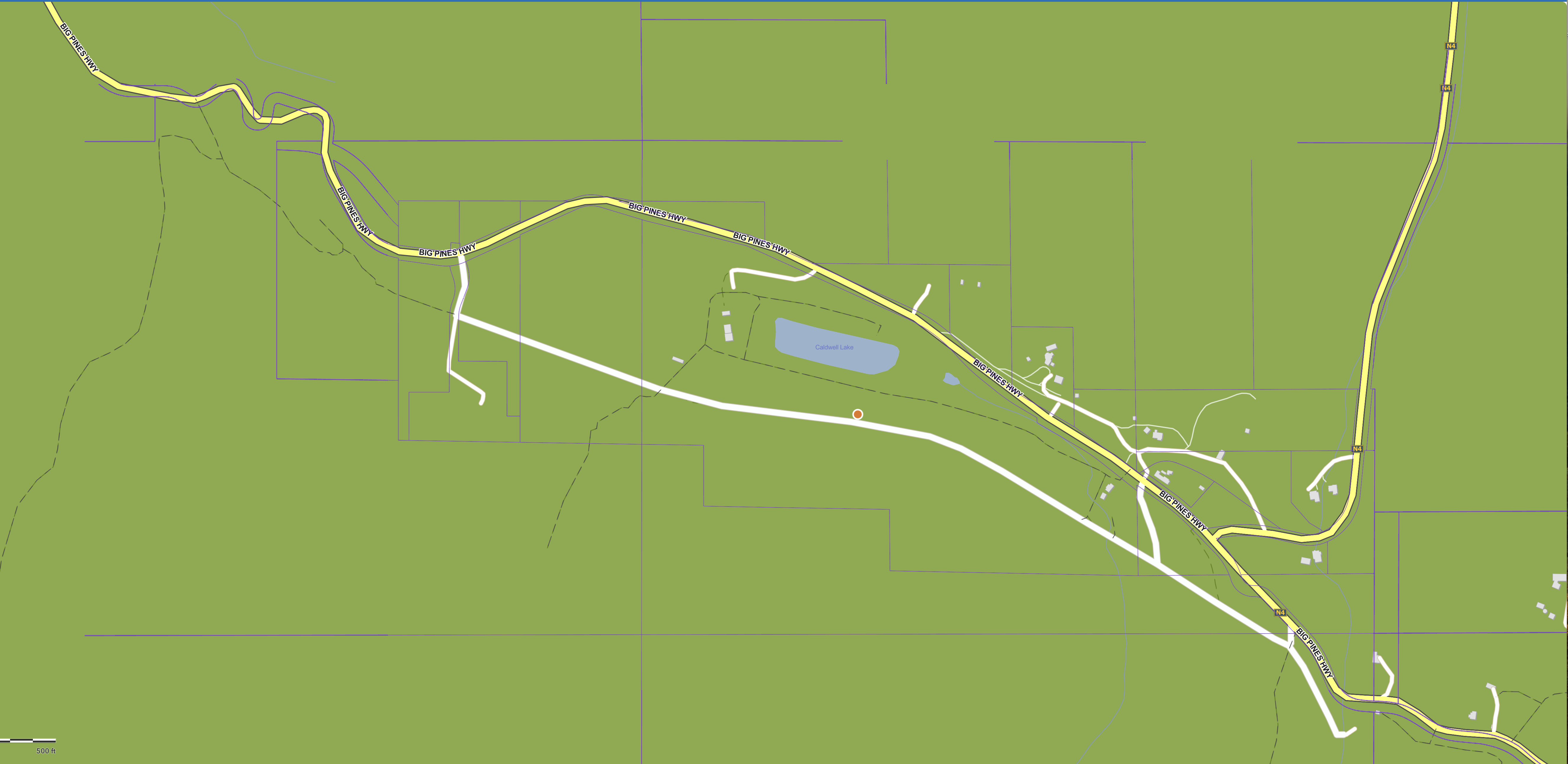 Ranch map showing Big Pines Highway, Caldwell Lake, wells, tanks, barn, cabin, rentals and trailer sites